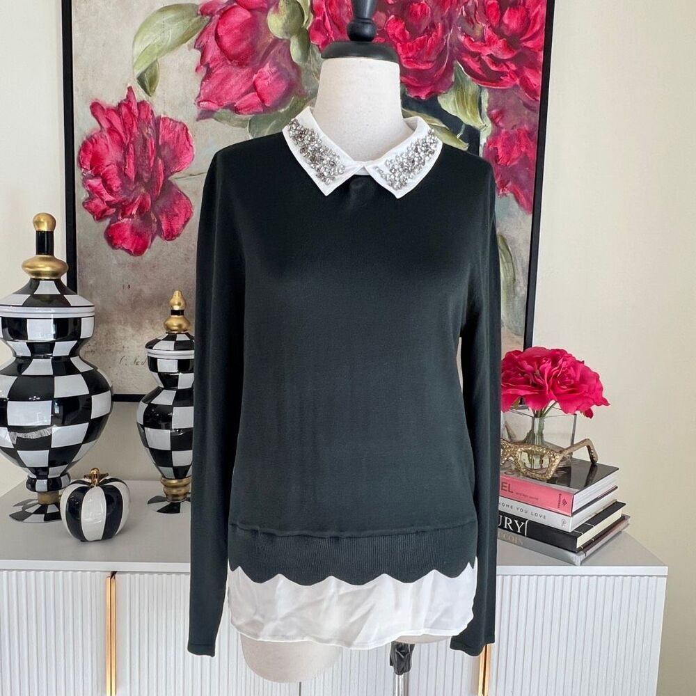 Belldini Women's Rhinestone Collar Long Sleeve Sweater Dark Forest Medium NWT